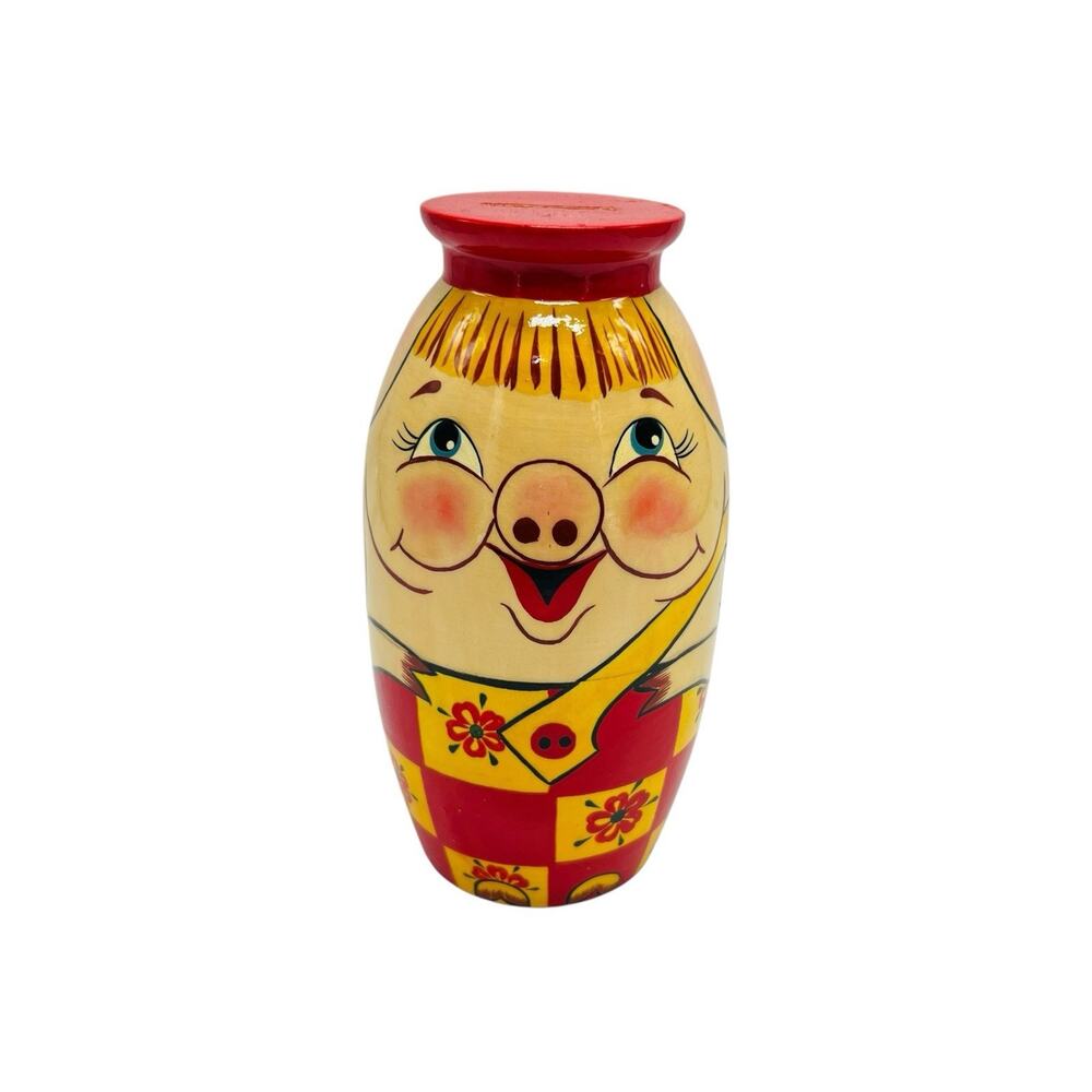 Vtg Russian Khokhloma Wood Cartoon Face Piggy Bank Box Hand Painted‎ Folk Art
